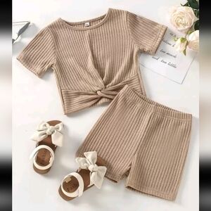 Girls' Tan Ribbed Lounge Set (Size 7/8)